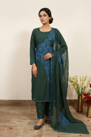 Bottle Green Azure-Embroidered Suit Set