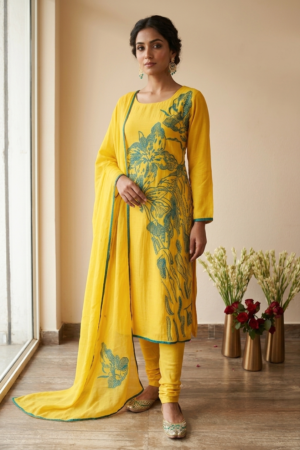 Mustard Floral Embroidered Kurta Set