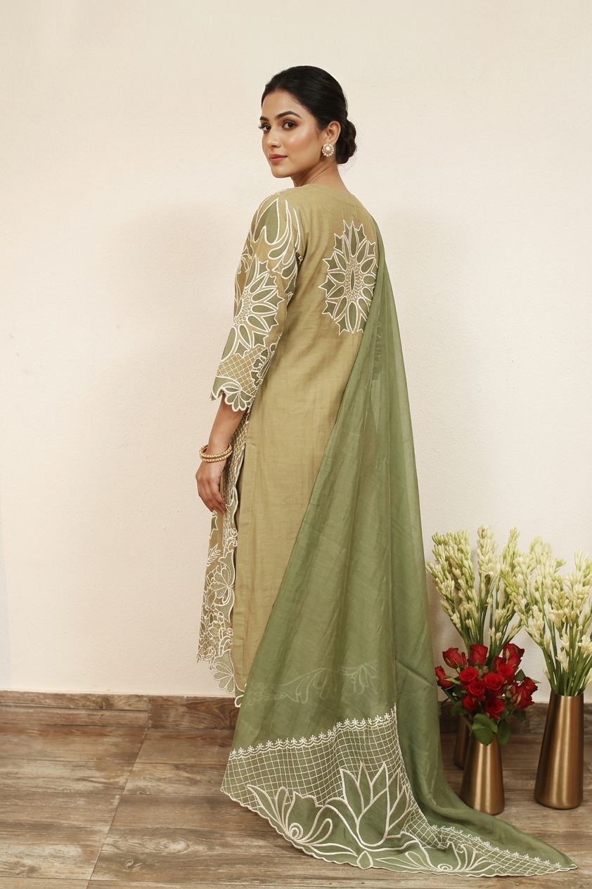 Olive & Beige Cutwork Kurta Set - Image 2
