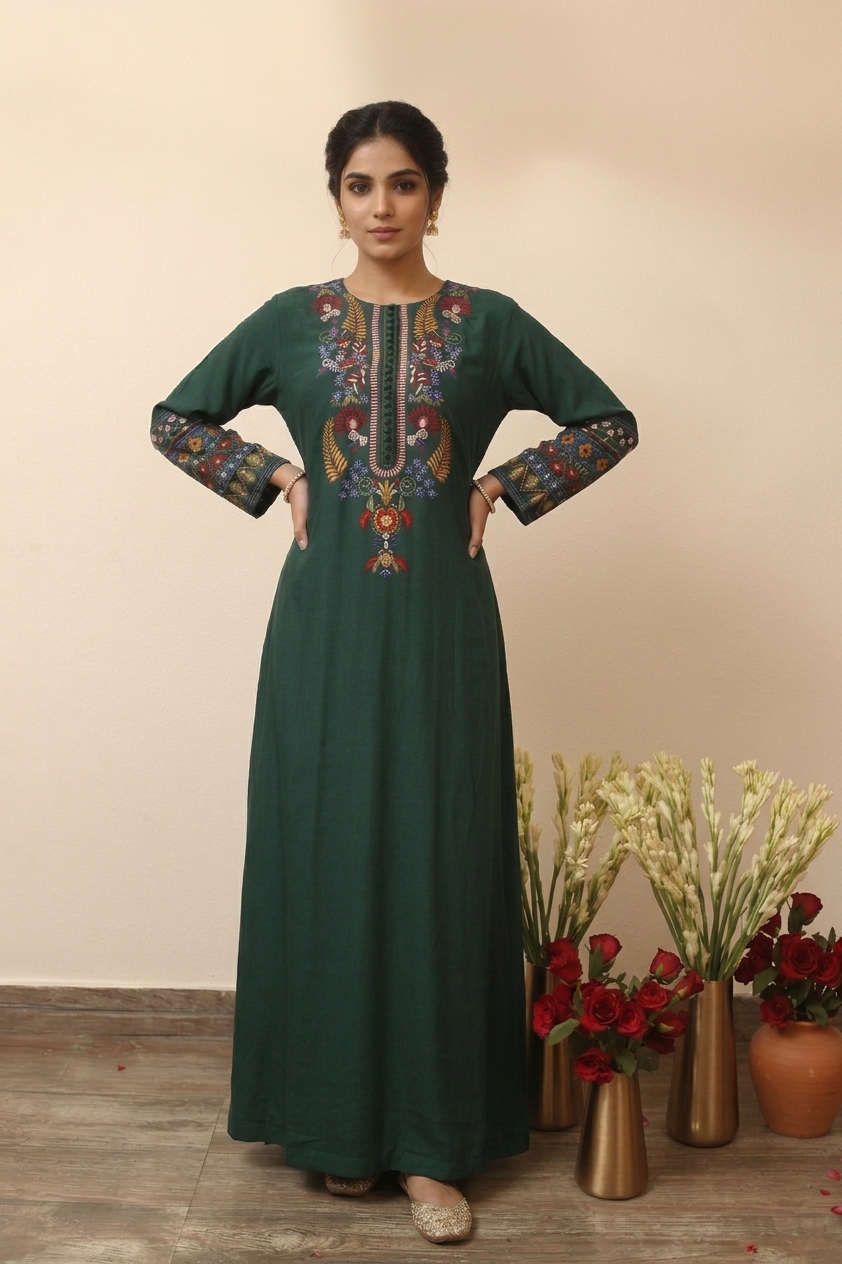 Emerald Green Floral Embroidered Anarkali Dress