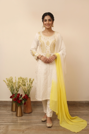 Ivory & Gold Embroidered Muslin Co-ord Set with Gradient Dupatta