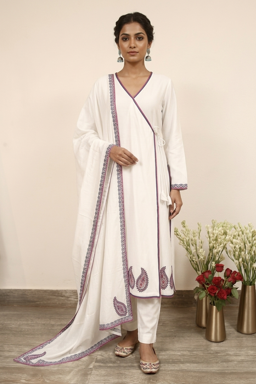 Off-White Angrakha Suit Set with Purple Embroidered Trim