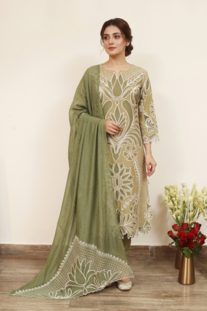 Olive & Beige Cutwork Kurta Set