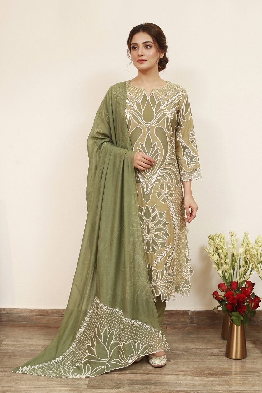 Olive & Beige Cutwork Kurta Set